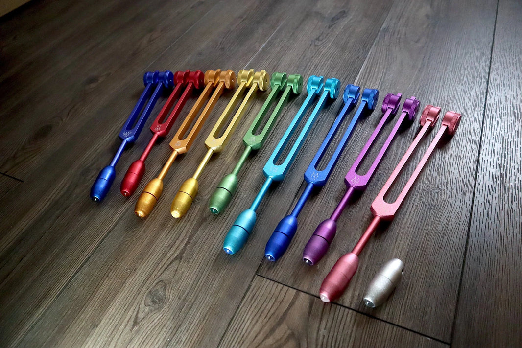 RV Medics' Professionally Tuned .25 9pc Weighted Set of 9 Solfeggio Tuning Forks with 10pc Crystal Massage Attenuator Set - Biofield