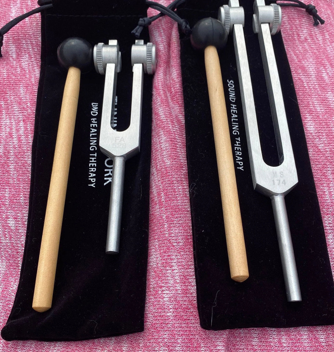 Weighted 174 Hz and 528 Hz Pair Silver Weighted anodized aluminum Tuning Forks - Attenuator Handle Extender with 10mm Crystal