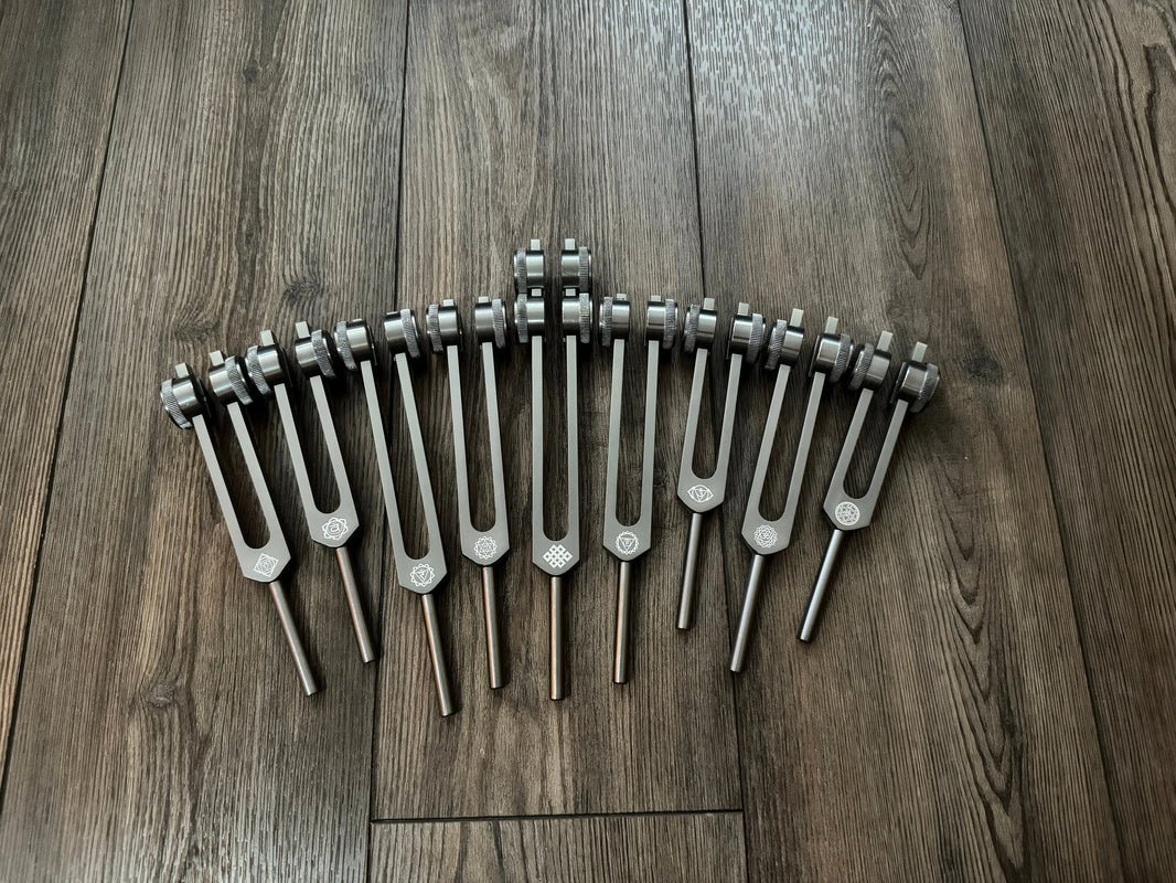 RV Medics' Professionally Tuned .25 9pc Chakra Tuning Forks - Gray - Earth Star Chakra through Soul Star - Biofield, Sound Vibration