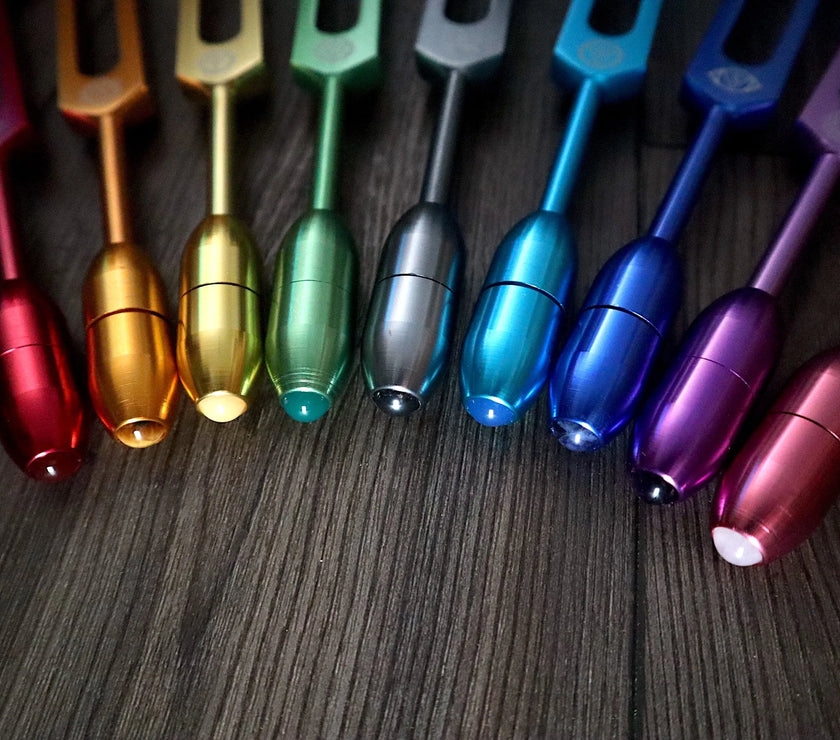 RV Medics' Professionally Tuned .25 9pc Chakra Tuning Forks - Earth Star Chakra through Crown Chakra - Biofield, Sound Vibration