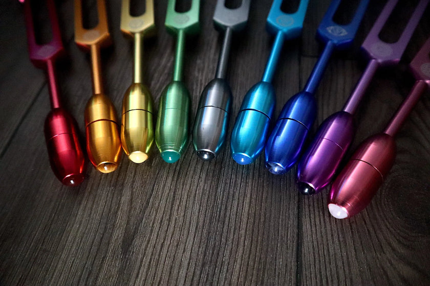 RV Medics' Professionally Tuned .25 9pc Chakra Tuning Forks - Earth Star Chakra through Crown Chakra - Biofield, Sound Vibration