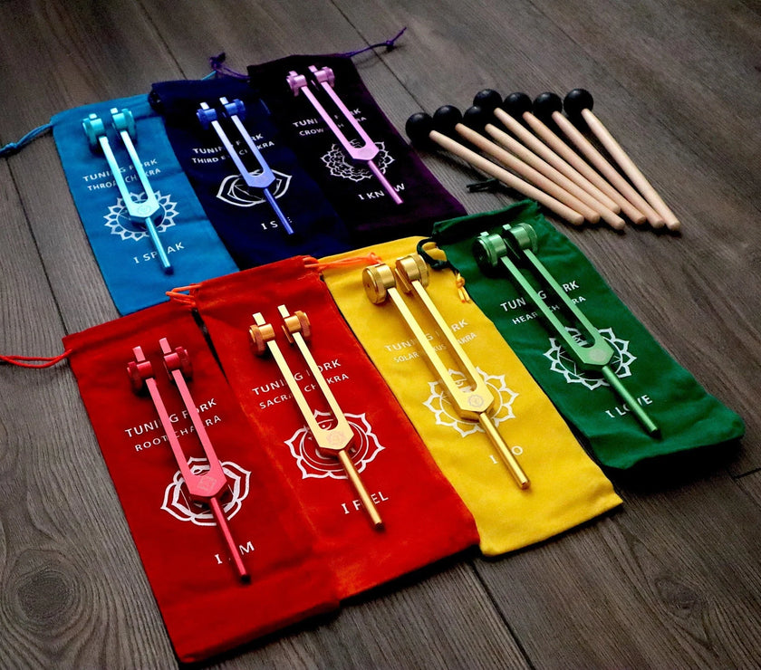 Mantra Tuning Forks - Professionally Tuned .25 - 7pc Chakra Set for Practicing Mantra, Chakra Balancing and Alignment, Sound Vibration