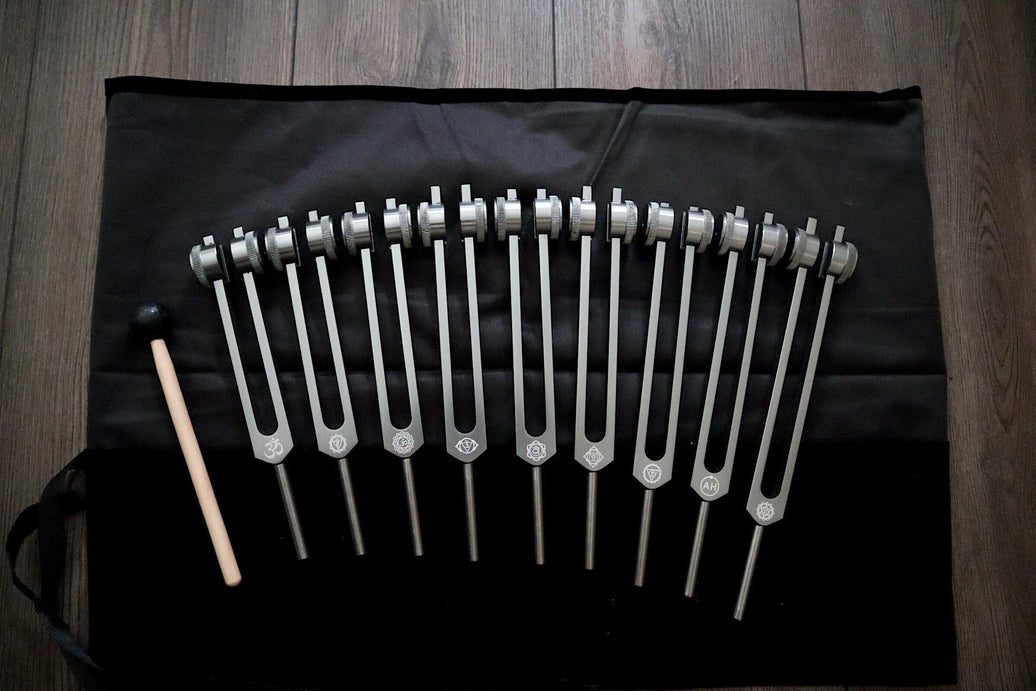 RV Medics' Professionally Tuned .25 Secret Solfeggio - Classic 9pc Set - Limited Edition Gray, Chakra Printed Engrams, Biofield,