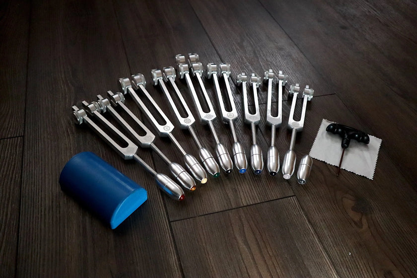 RV Medics' Professionally Tuned .25 9pc Chakra Silver Tuning Forks with 10pc Crystal Massage Attenuator Set - Biofield Tune