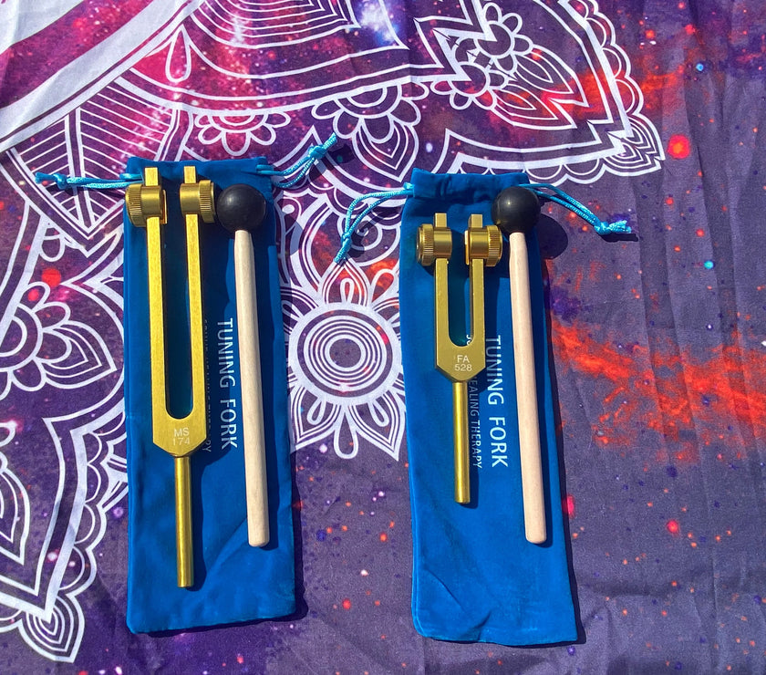 Gold Finish 174 Hz and 528 Hz Solfeggio Set Best Tuning Forks for Vibration - Attenuator Handle Extender with 10mm Crystal