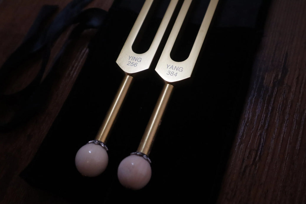 Perfect Fifth Harmonic Gold Yin and Yang Tuning Fork Set - Sound Healing, Energy Healing, Bio-field Therapy, Unweighted 2pc Set, Velvet Bag