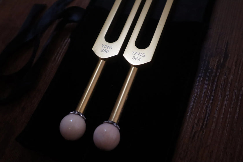 Perfect Fifth Harmonic Gold Yin and Yang Tuning Fork Set - Sound Healing, Energy Healing, Bio-field Therapy, Unweighted 2pc Set, Velvet Bag