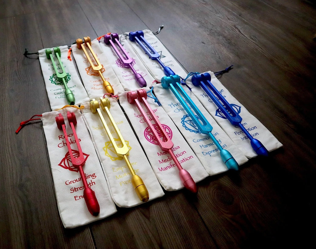 RV Medics' Professionally Tuned .25 9pc Weighted Set of 9 Solfeggio Tuning Forks with 10pc Crystal Massage Attenuator Set - Biofield