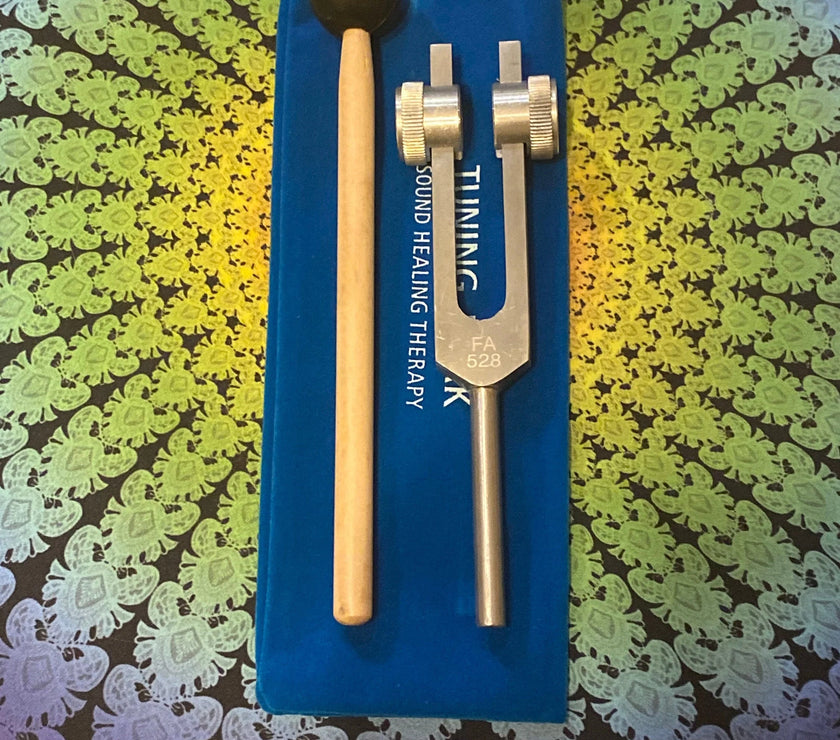528 Hz Weighted Silver Solfeggio Tuning Fork For Vibration - Attenuator Handle Extender with 10mm Crystal