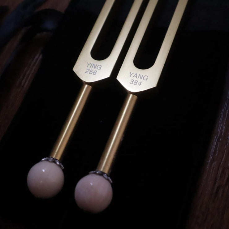 256 Hz, 384 Hz Tuning Forks for Chakra Healing Therapy - Gold Yin Yang Tuning Fork Set