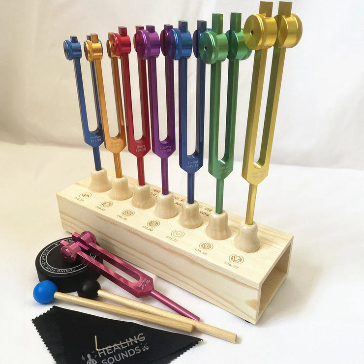 8pc Chakra Healing Tuning Fork Set with Stand & Activator
