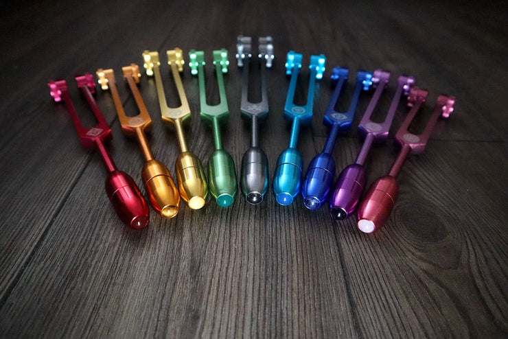 RV Medics' Professionally Tuned .25 9pc Chakra Tuning Forks with 10pc Crystal Massage Attenuator Set - Biofield, Sound Vibration