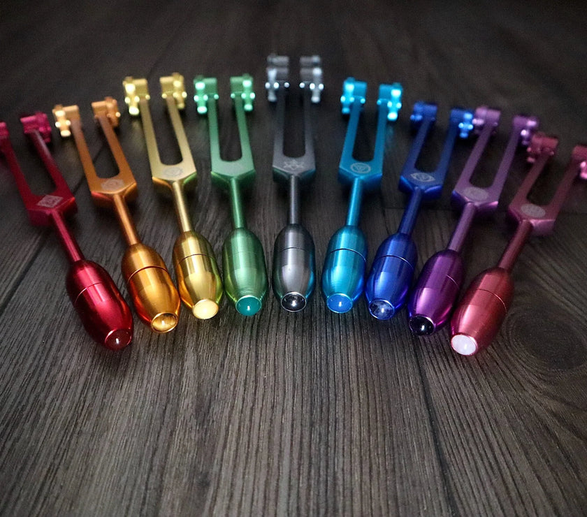 RV Medics' Professionally Tuned .25 9pc Chakra Tuning Forks with 10pc Crystal Massage Attenuator Set - Biofield, Sound Vibration