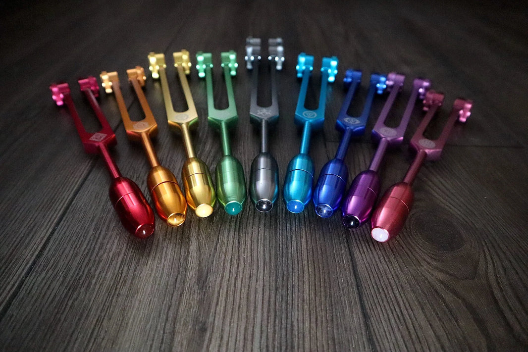 RV Medics' Professionally Tuned .25 9pc Chakra Tuning Forks with 10pc Crystal Massage Attenuator Set - Biofield, Sound Vibration