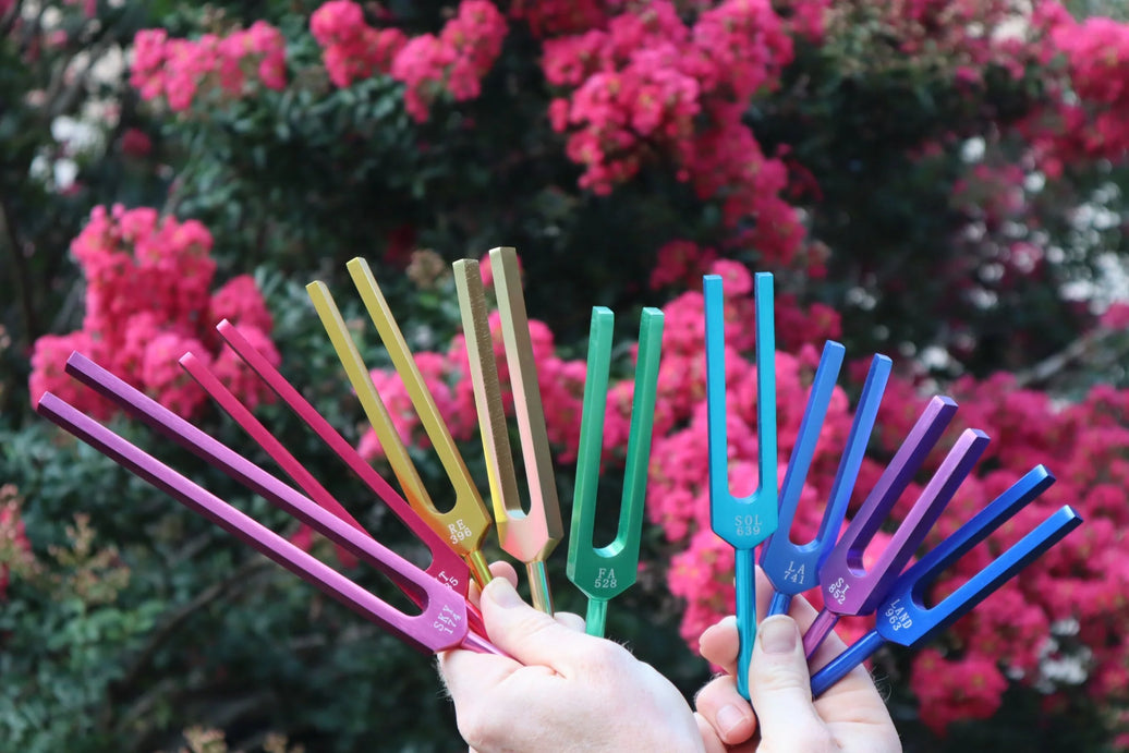 RV Medics' Unweighted Set Of All 9 Solfeggio Frequencies Best Tuning Forks For Vibration With Individually Marked Bags and Strikers