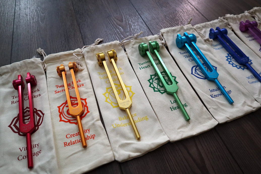 RV Medics' Professionally Tuned .25 - 8pc Chakra Premium Tuning Fork Set, Chakra Printed Engrams, Soul Purpose, Biofield