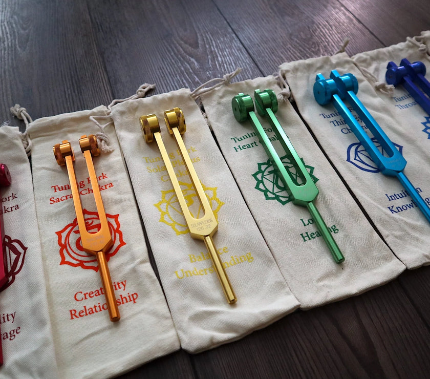 RV Medics' Professionally Tuned .25 - 8pc Chakra Premium Tuning Fork Set, Chakra Printed Engrams, Soul Purpose, Biofield