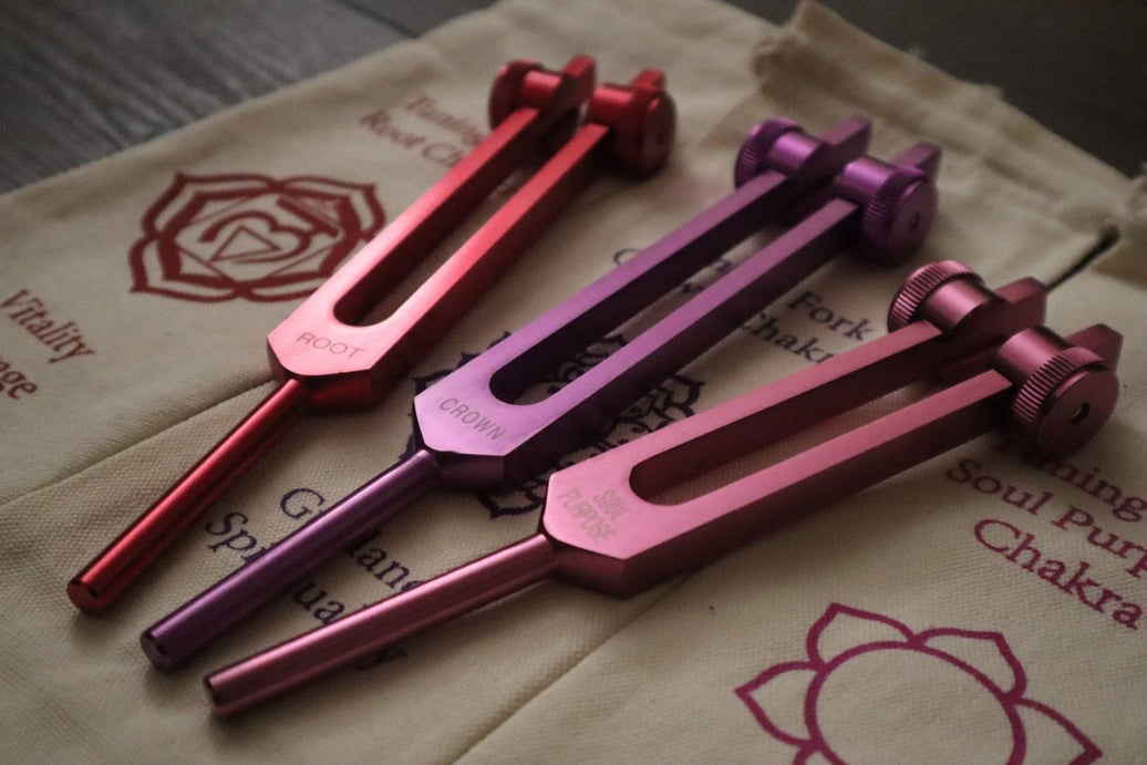 3pc Infinity Chakras Tuning Fork Set - Root, Heart, Crown Chakras, Weighted, Meditation, Regeneration, Sound Baths, Bio-field Therapy (Copy)