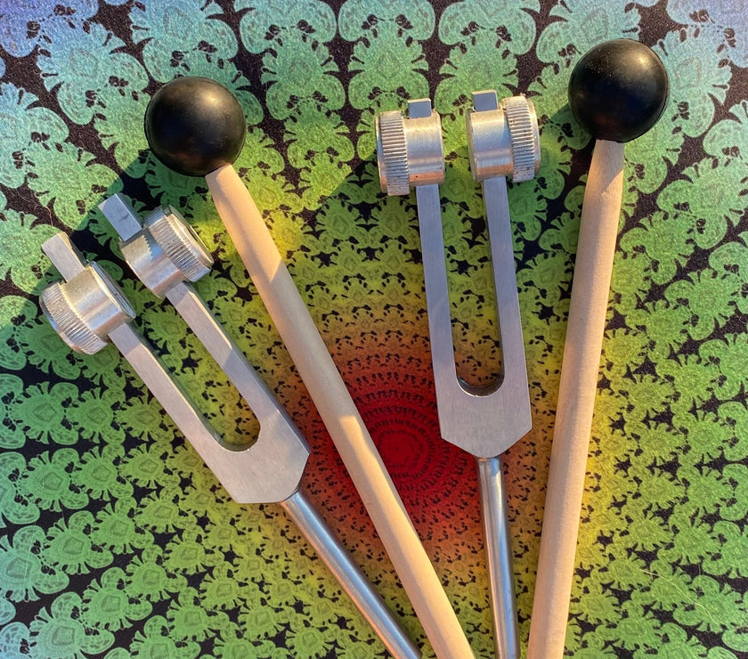 432 Hz and 528 Hz Silver Weighted Solfeggio Set Best Tuning Forks for Vibration - Attenuator Handle Extensions with 10mm Crystal