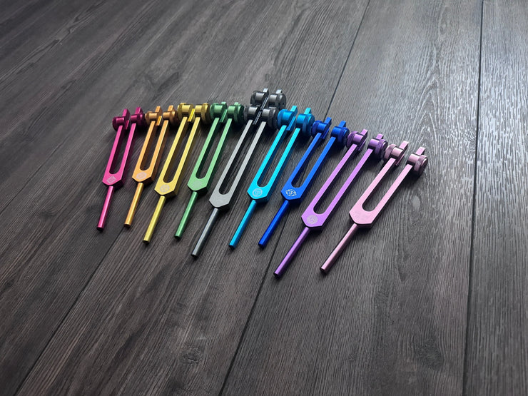 RV Medics' Professionally Tuned .25 9pc Chakra Tuning Forks - Earth Star Chakra through Crown Chakra - Biofield, Sound Vibration