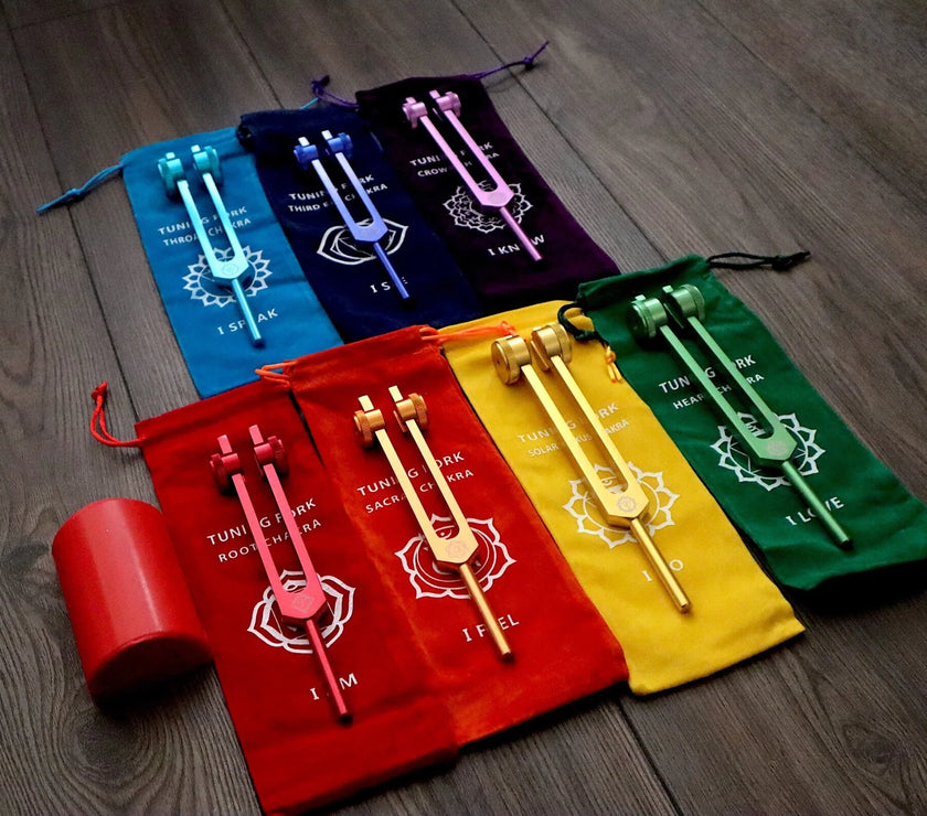 Mantra Tuning Forks - Professionally Tuned .25 - 7pc Chakra Set for Practicing Mantra, Chakra Balancing and Alignment, Sound Vibration