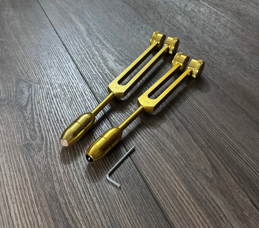 89Hz and 144Hz - Fibonacci, Golden Ration Tuning Fork Set - Gamma Binaural Beat Entrainment - Attenuator Handle Extender with 10mm Crystal