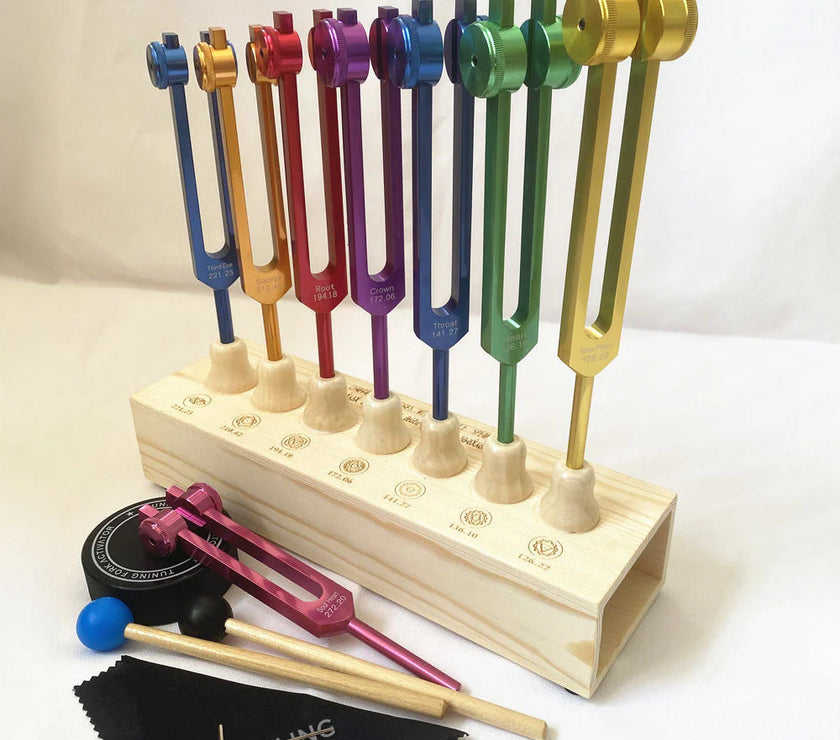8pc Chakra Healing Tuning Fork Set with Stand & Activator