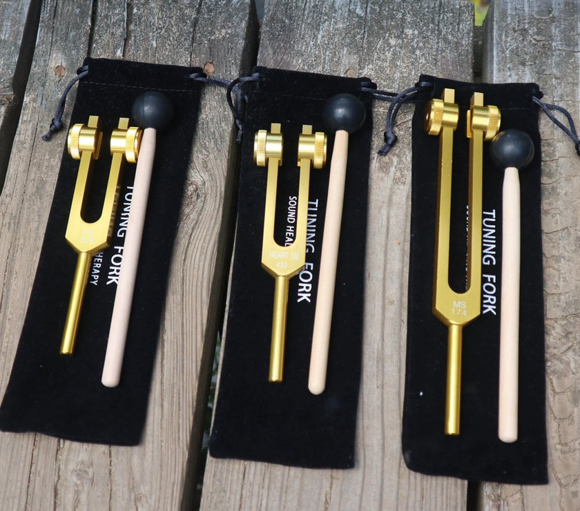3pc Gold or Silver Weighted Tuning Fork Set - 174 Hz, 432 Hz, and 528 Hz, Solfeggio, Love Frequencies, Sound Healing, Energy Healing