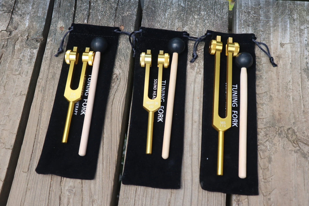3pc Gold or Silver Weighted Tuning Fork Set - 174 Hz, 432 Hz, and 528 Hz, Solfeggio, Love Frequencies, Sound Healing, Energy Healing