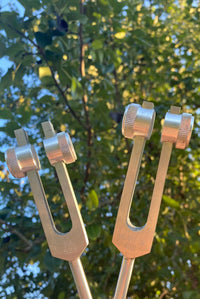 432 Hz and 528 Hz Silver Weighted Solfeggio Set Best Tuning Forks for Vibration - Attenuator Handle Extensions with 10mm Crystal