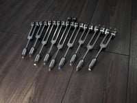 RV Medics' Professionally Tuned .25 9pc Chakra Gray Tuning Forks - 10pc Crystal Massage Attenuator Set - Biofield, Sound Vibration