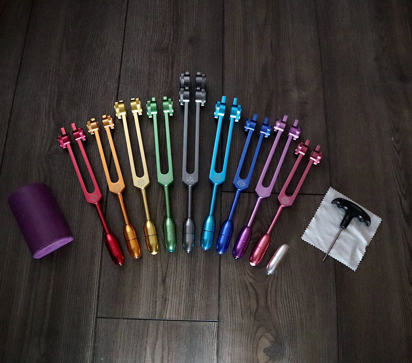 RV Medics' Professionally Tuned .25 9pc Chakra Tuning Forks with 10pc Crystal Massage Attenuator Set - Biofield, Sound Vibration