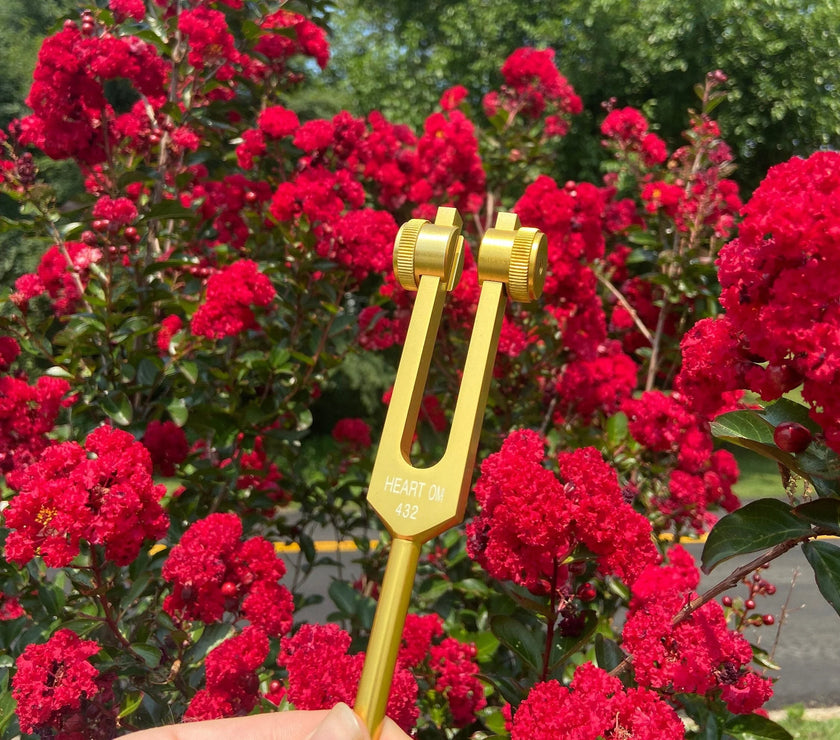 432 Hz Weighted Gold Tuning Fork For Vibration - Attenuator Handle Extender with 10mm Crystal