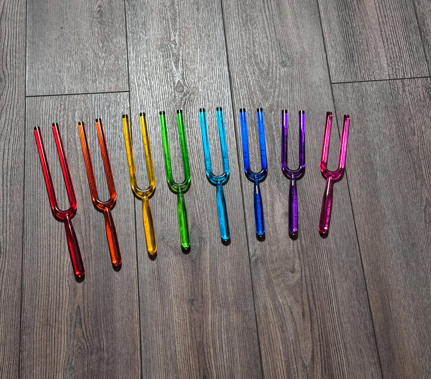 RV Medics' 8pc Color Crystal Tuning Fork Set - 10mm - Notes CDEFGABC5, Crystal Vibration, Biofield, Premium Vibration