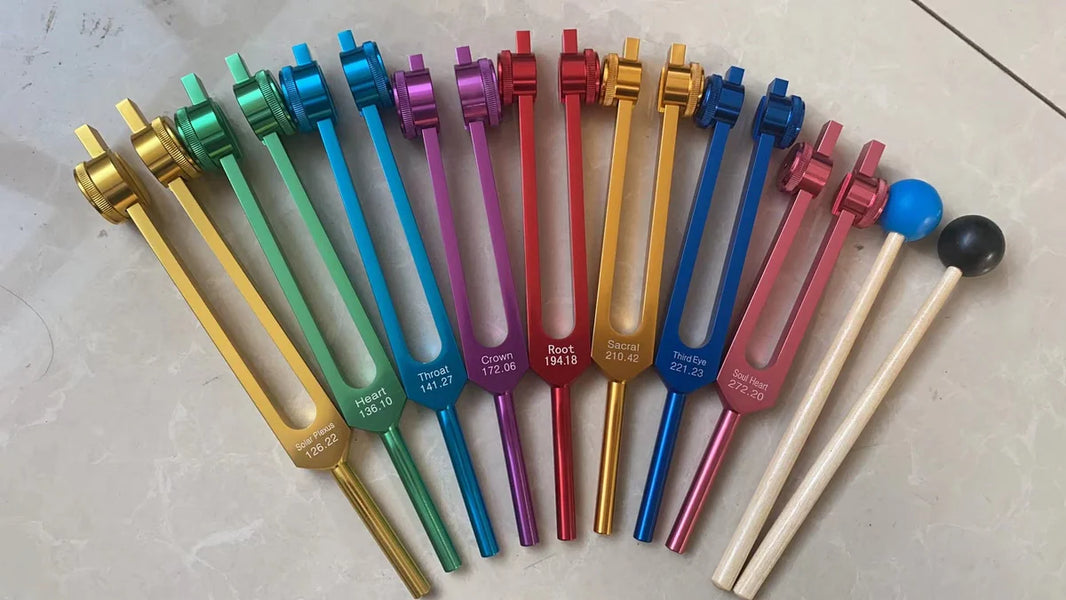 8pc Chakra Healing Tuning Fork Set with Stand & Activator