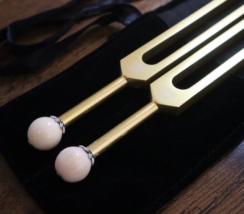 Perfect Fifth Harmonic Gold Yin and Yang Tuning Fork Set - Sound Healing, Energy Healing, Bio-field Therapy, Unweighted 2pc Set, Velvet Bag