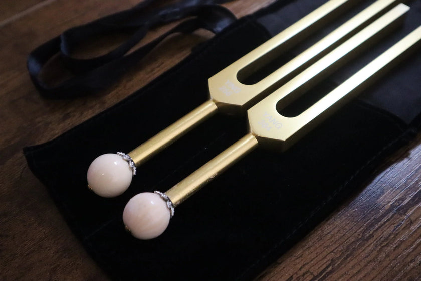 Perfect Fifth Harmonic Gold Yin and Yang Tuning Fork Set - Sound Healing, Energy Healing, Bio-field Therapy, Unweighted 2pc Set, Velvet Bag