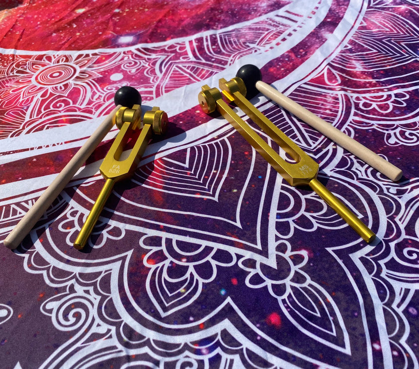 Gold Finish 174 Hz and 528 Hz Solfeggio Set Best Tuning Forks for Vibration - Attenuator Handle Extender with 10mm Crystal
