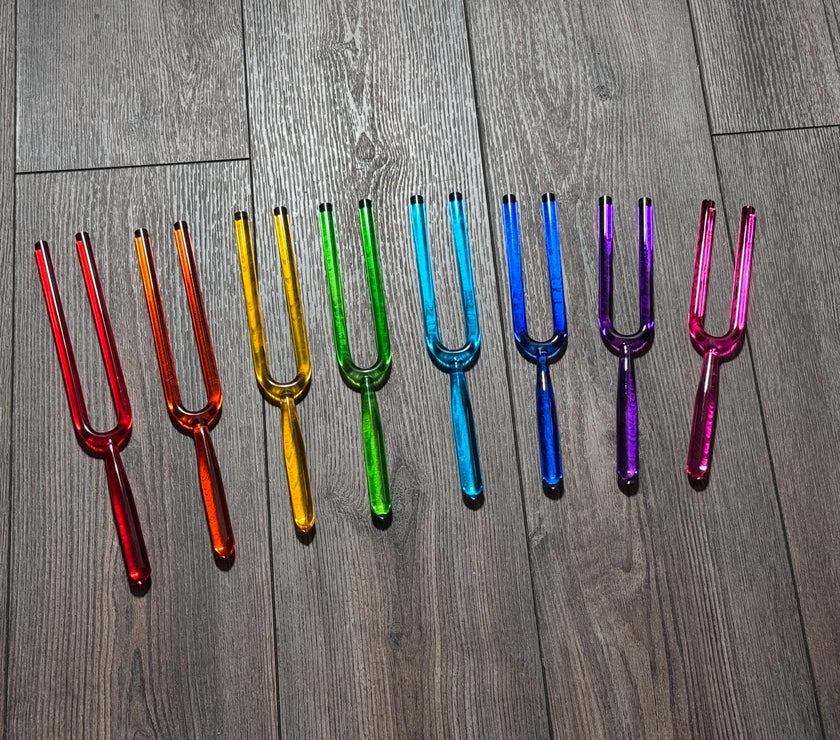 RV Medics' 8pc Color Crystal Tuning Fork Set - 10mm - Notes CDEFGABC5, Crystal Vibration, Biofield, Premium Vibration