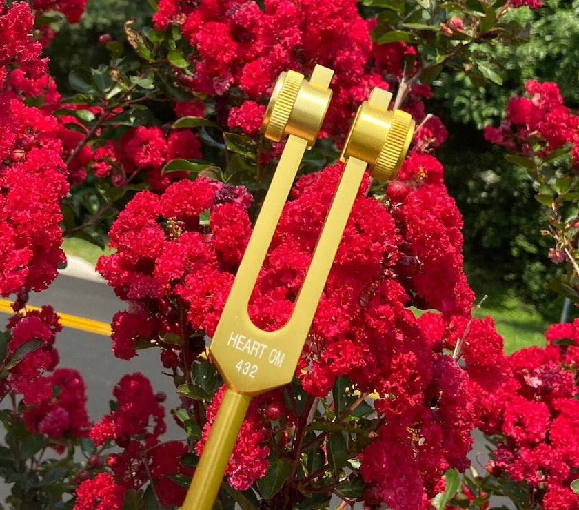 432 Hz Weighted Gold Tuning Fork For Vibration - Attenuator Handle Extender with 10mm Crystal