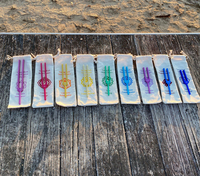 RV Medics' Unweighted Set Of All 9 Solfeggio Frequencies Best Tuning Forks For Vibration With Individually Marked Bags and Strikers