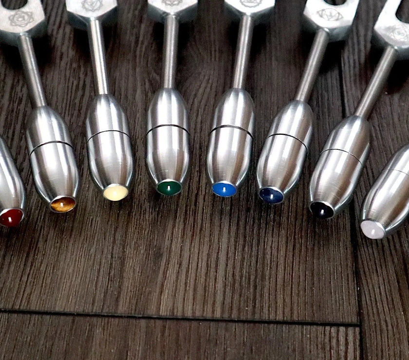 RV Medics' Professionally Tuned .25 8pc Chakra Tuning Fork Set - Silver - Root to Crown Chakras - Attenuator Extenders - Biofield