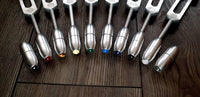 RV Medics' Professionally Tuned .25 8pc Chakra Tuning Fork Set - Silver - Root to Crown Chakras - Attenuator Extenders - Biofield