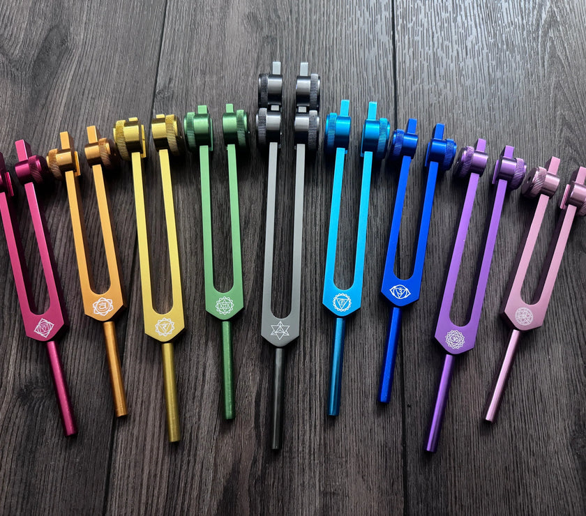 RV Medics' Professionally Tuned .25 9pc Chakra Tuning Forks - Earth Star Chakra through Crown Chakra - Biofield, Sound Vibration
