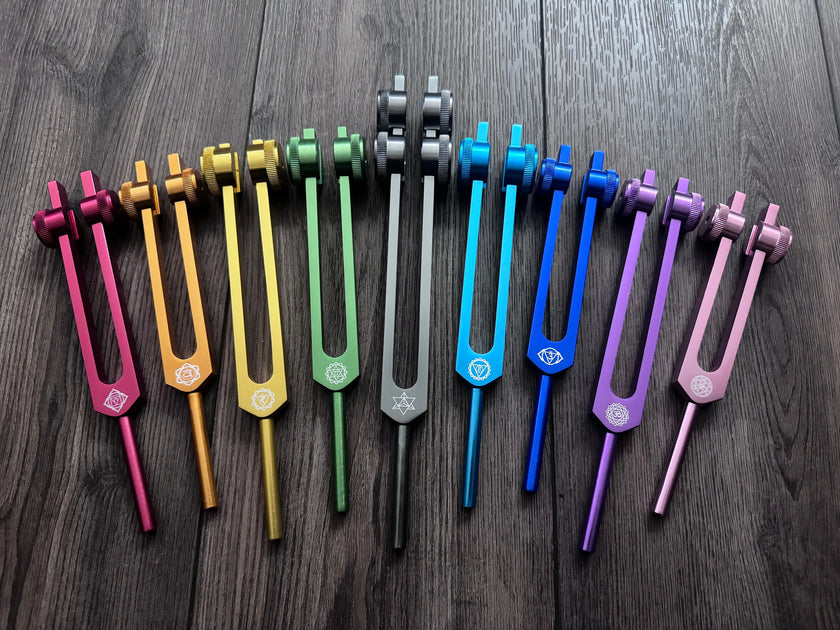 RV Medics' Professionally Tuned .25 9pc Chakra Tuning Forks - Earth Star Chakra through Crown Chakra - Biofield, Sound Vibration