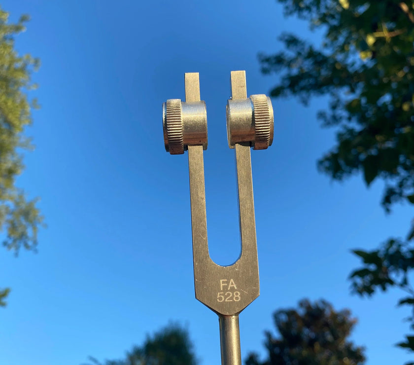 528 Hz Weighted Silver Solfeggio Tuning Fork For Vibration - Attenuator Handle Extender with 10mm Crystal