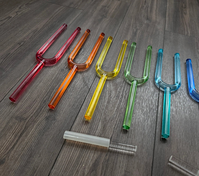 8pc Crystal Tuning Fork Set - 16mm - F-Note - Full Octave Notes CDEFGAB and C - Metal Carry Case - Crystal Vibration, Sound Vibration