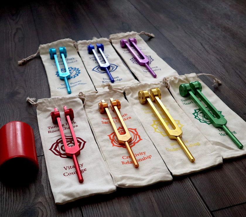 Mantra Tuning Forks - Professionally Tuned .25 - 7pc Chakra Set for Practicing Mantra, Chakra Balancing and Alignment, Sound Vibration