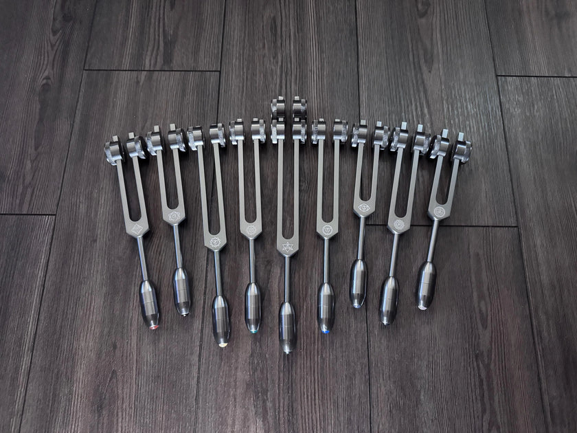 RV Medics' Professionally Tuned .25 9pc Chakra Gray Tuning Forks - 10pc Crystal Massage Attenuator Set - Biofield, Sound Vibration