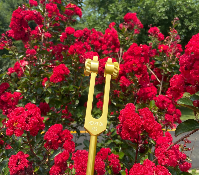 432 Hz Weighted Gold Tuning Fork For Vibration - Attenuator Handle Extender with 10mm Crystal